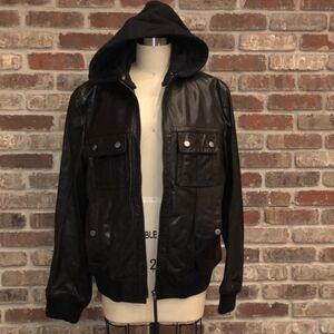 Hugo Boss Men's Black Italian Goat Leather With Removable Hood Jacket Size 42